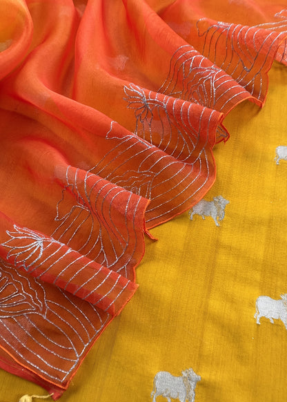 Yellow And Orange Chiniya Silk Kurta And Ombré Kora Silk Dupatta With Handwork