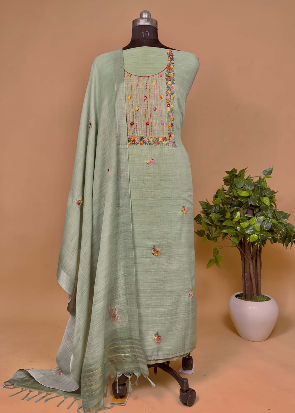 Green Linen Suit With French knot Embroidery