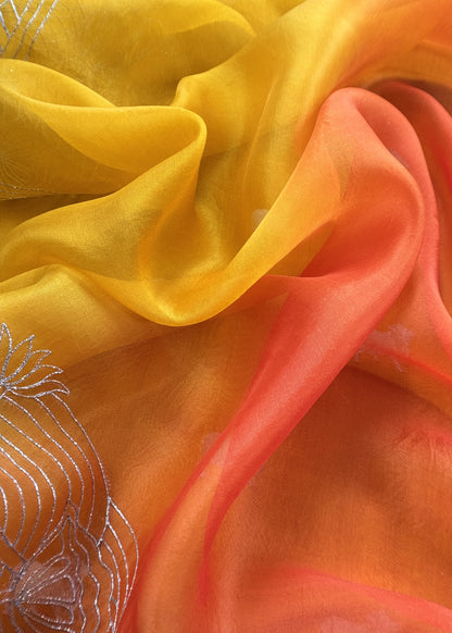 Yellow And Orange Chiniya Silk Kurta And Ombré Kora Silk Dupatta With Handwork