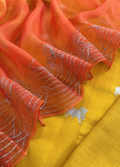 Yellow And Orange Chiniya Silk Kurta And Ombré Kora Silk Dupatta With Handwork