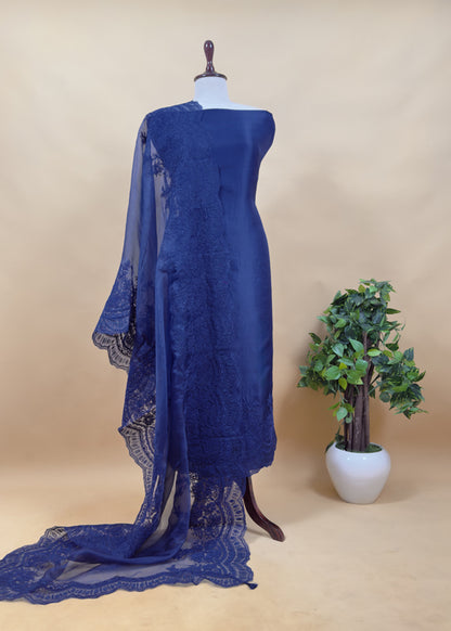 Luxe Blue Pure Kora Silk Suit With French Thread Embroidery