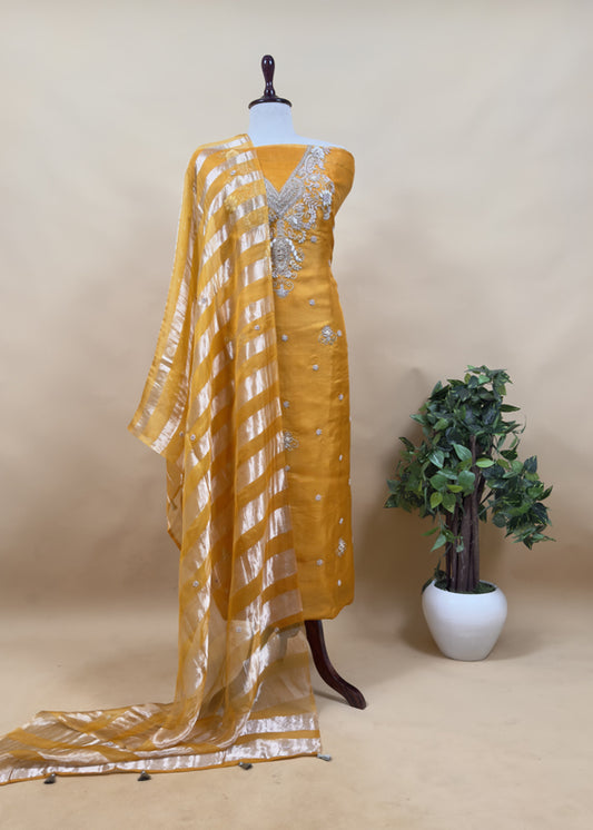 Luxe Yellow Silk Suit Fabric And Organza Panel Dupatta With Dabka, Dori And Zardosi Handwork