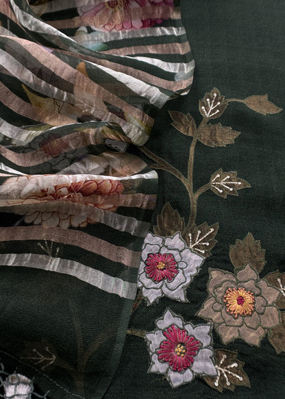 Forest Green Kora Silk Suit Fabric With Appliqué Work And Hand Embroidery