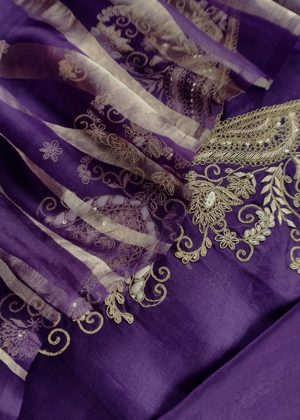 Luxe Violet Silk Suit Fabric And Organza Panel Dupatta With Dabka, Dori And Zardosi Handwork