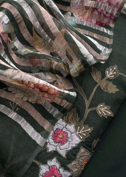 Forest Green Kora Silk Suit Fabric With Appliqué Work And Hand Embroidery