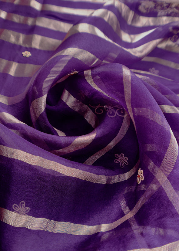 Luxe Violet Silk Suit Fabric And Organza Panel Dupatta With Dabka, Dori And Zardosi Handwork