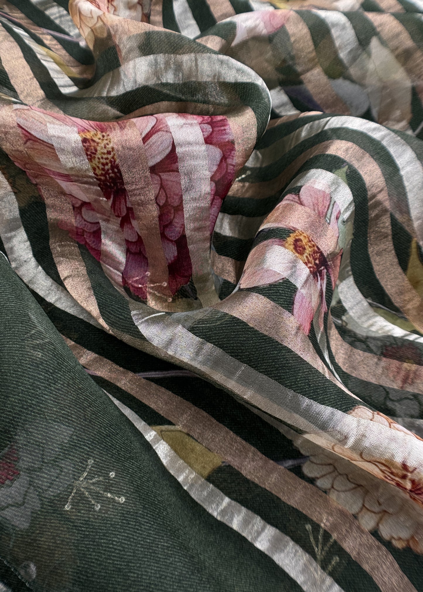 Forest Green Kora Silk Suit Fabric With Appliqué Work And Hand Embroidery