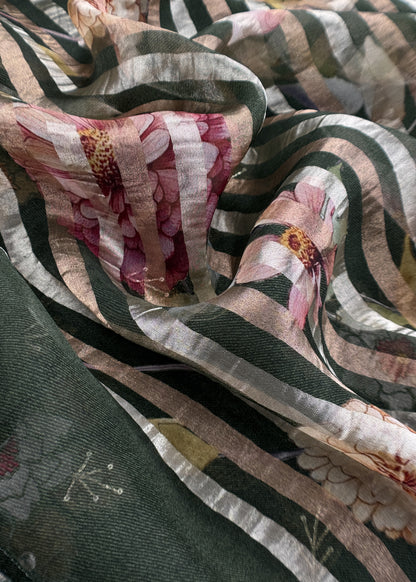 Forest Green Kora Silk Suit Fabric With Appliqué Work And Hand Embroidery