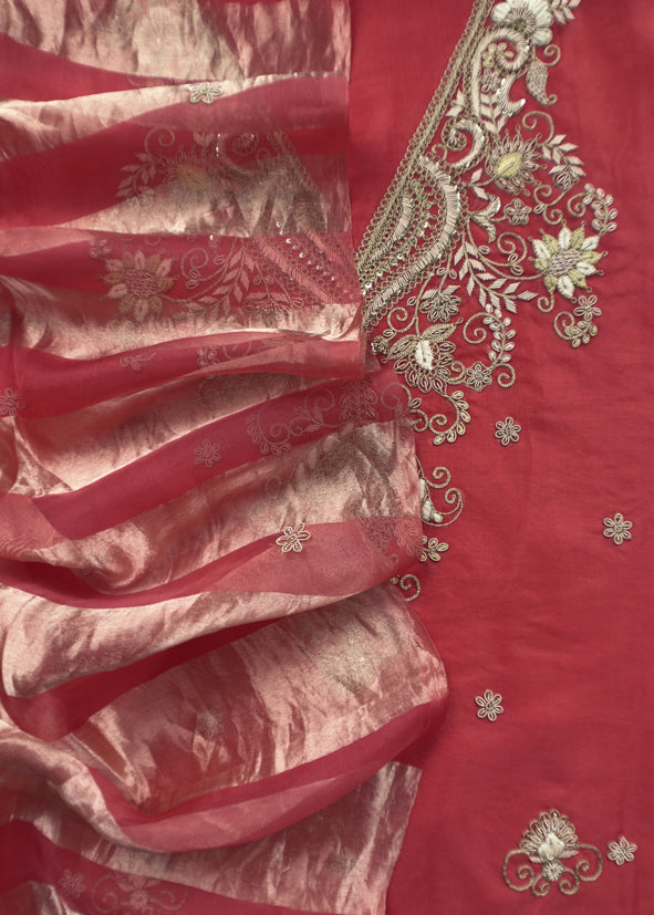 Luxe Violet Silk Suit Fabric And Organza Panel Dupatta With Dabka, Dori And Zardosi Handwork