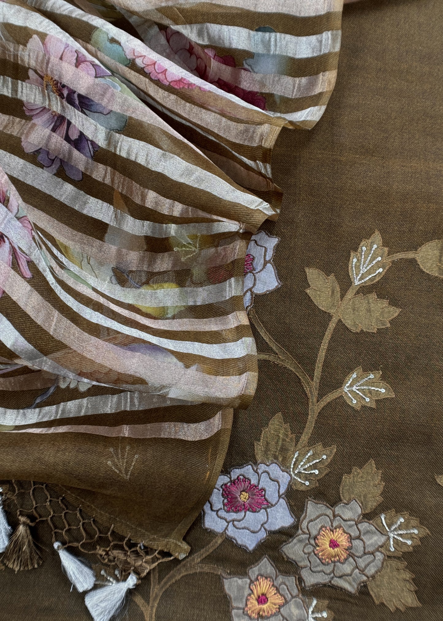 Wood Brown Kora Silk Suit Fabric With Appliqué Work And Hand Embroidery