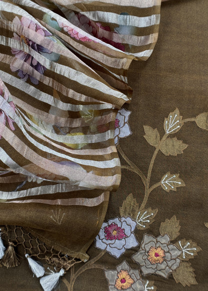 Wood Brown Kora Silk Suit Fabric With Appliqué Work And Hand Embroidery