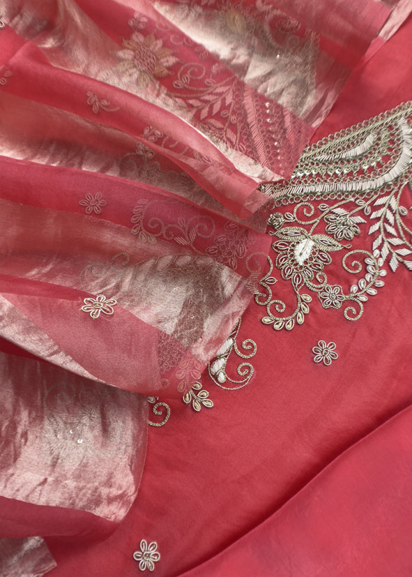 Luxe Violet Silk Suit Fabric And Organza Panel Dupatta With Dabka, Dori And Zardosi Handwork