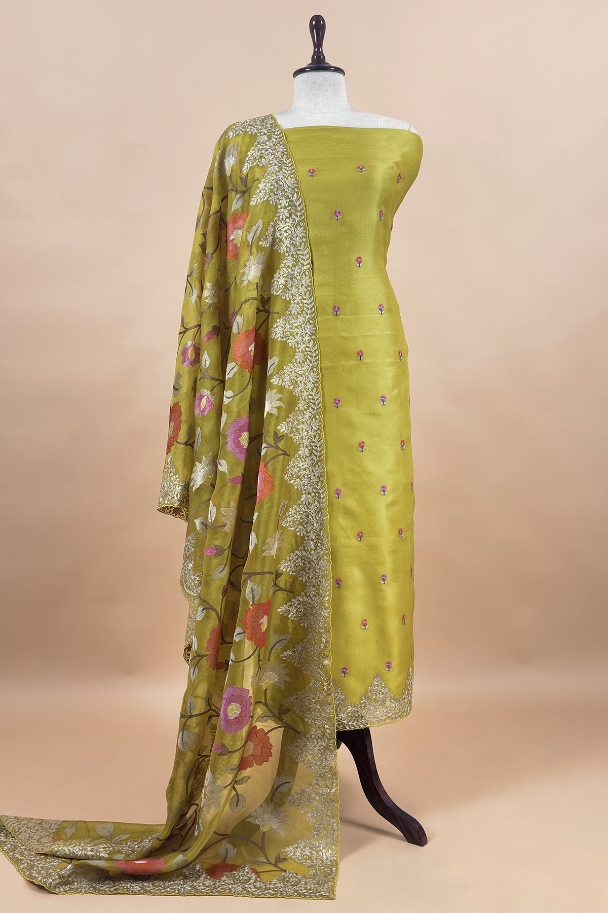 Lemon Yellow Handloom Kora Silk Suit With Thread Embroidery