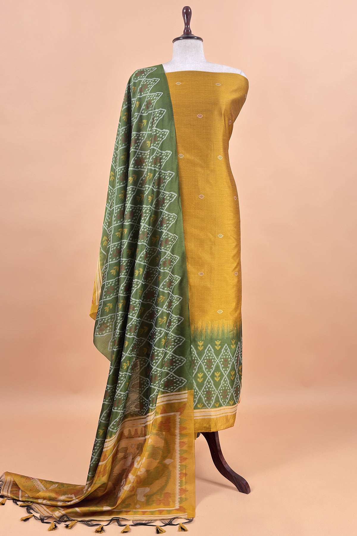 Yellow and Green Linen Chanderi Suit With Jamdani Ekkat Weaving