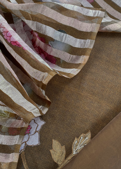 Wood Brown Kora Silk Suit Fabric With Appliqué Work And Hand Embroidery
