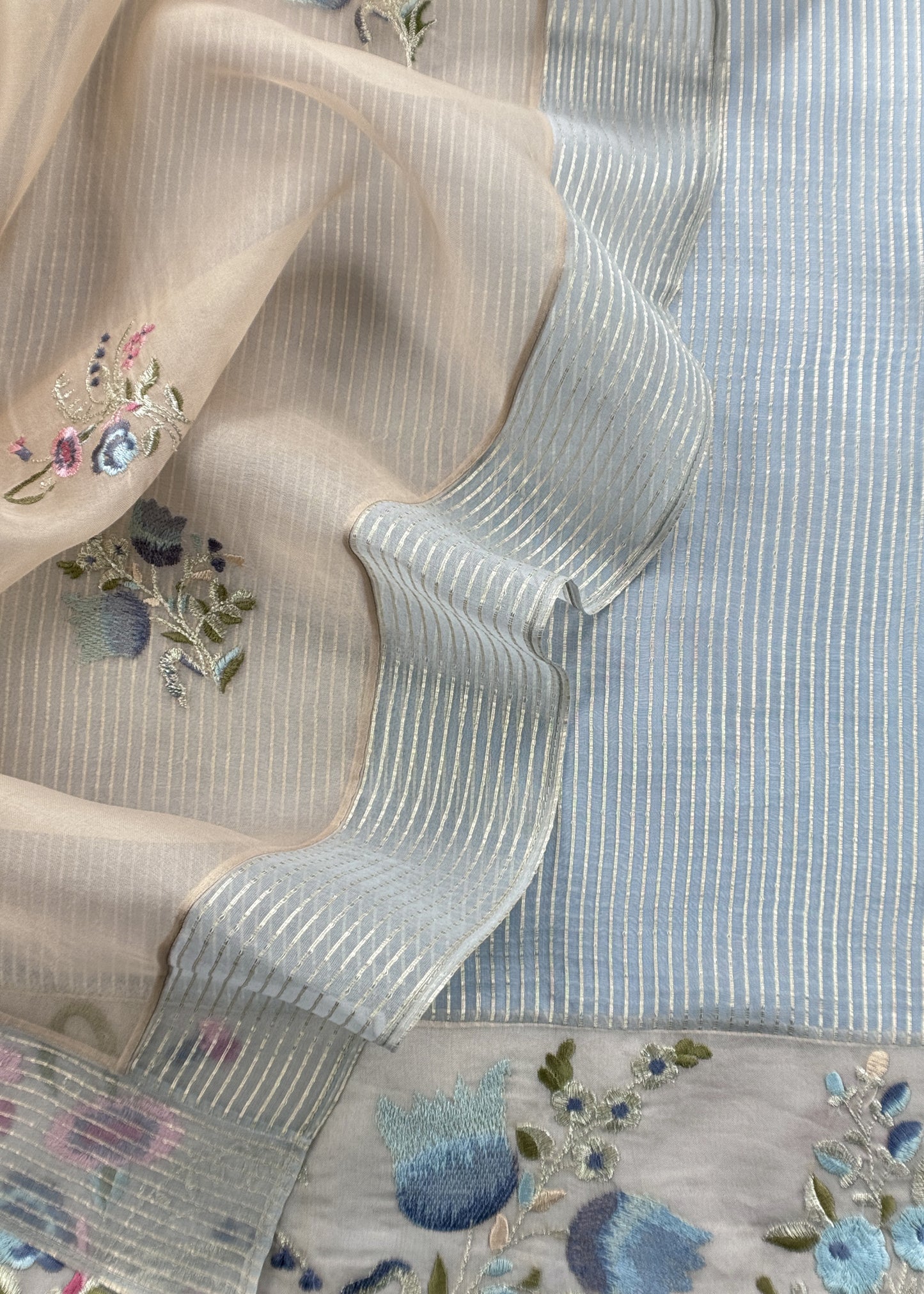 Baby Blue Handloom Kora Silk Suit Fabric With Embroidery