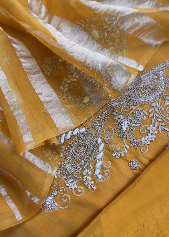 Luxe Yellow Silk Suit Fabric And Organza Panel Dupatta With Dabka, Dori And Zardosi Handwork