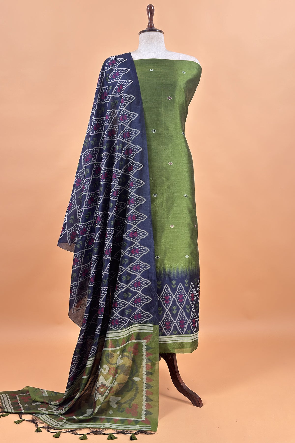 Green and Blue Linen Chanderi Suit With Jamdani Ekkat Weaving
