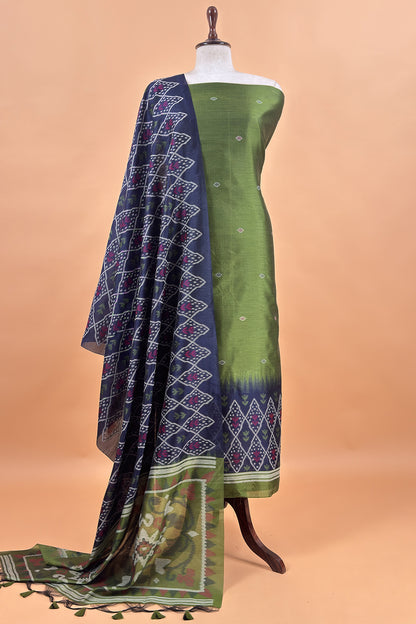 Green and Blue Linen Chanderi Suit With Jamdani Ekkat Weaving