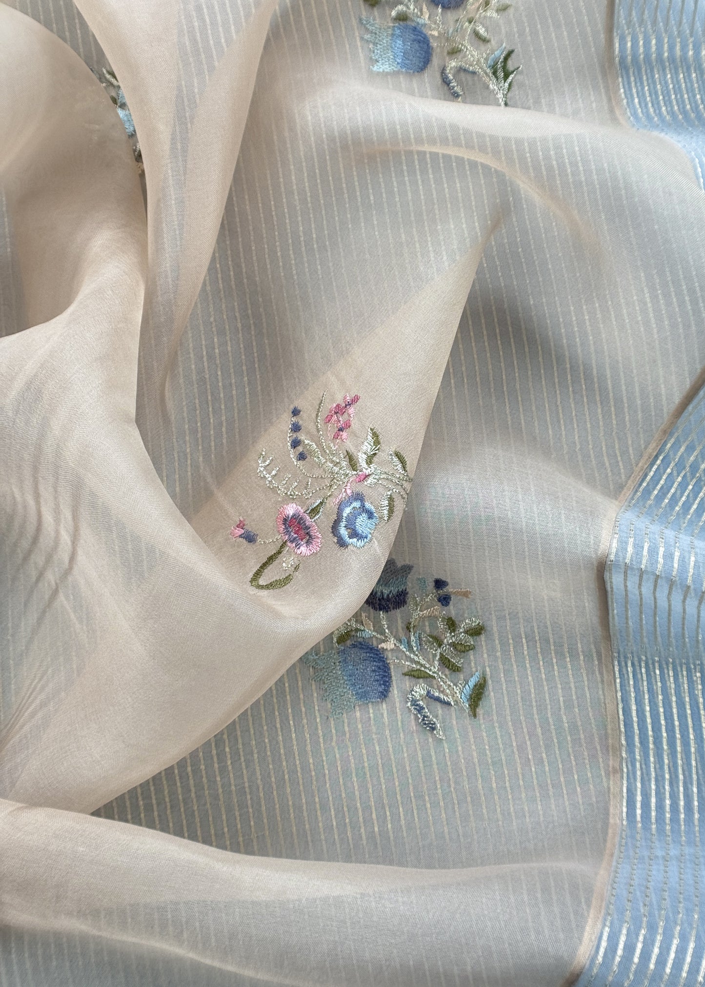 Baby Blue Handloom Kora Silk Suit Fabric With Embroidery