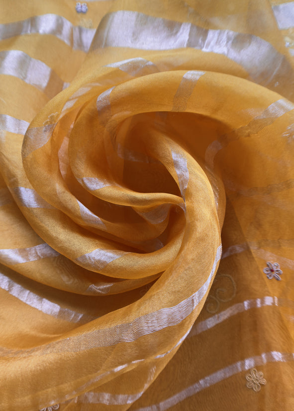 Luxe Yellow Silk Suit Fabric And Organza Panel Dupatta With Dabka, Dori And Zardosi Handwork