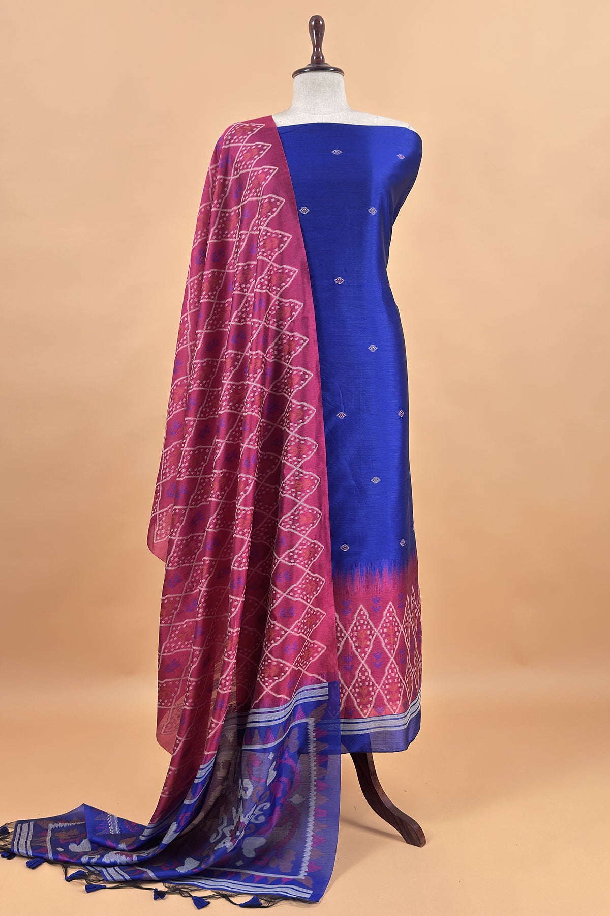 Blue and Pink Linen Chanderi Suit With Jamdani Ekkat Weaving