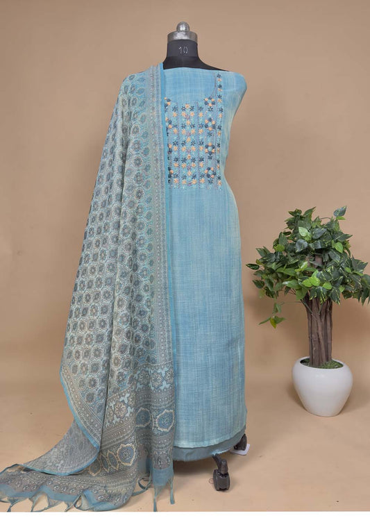 Blue Linen Chanderi Suit with french knot embroidery