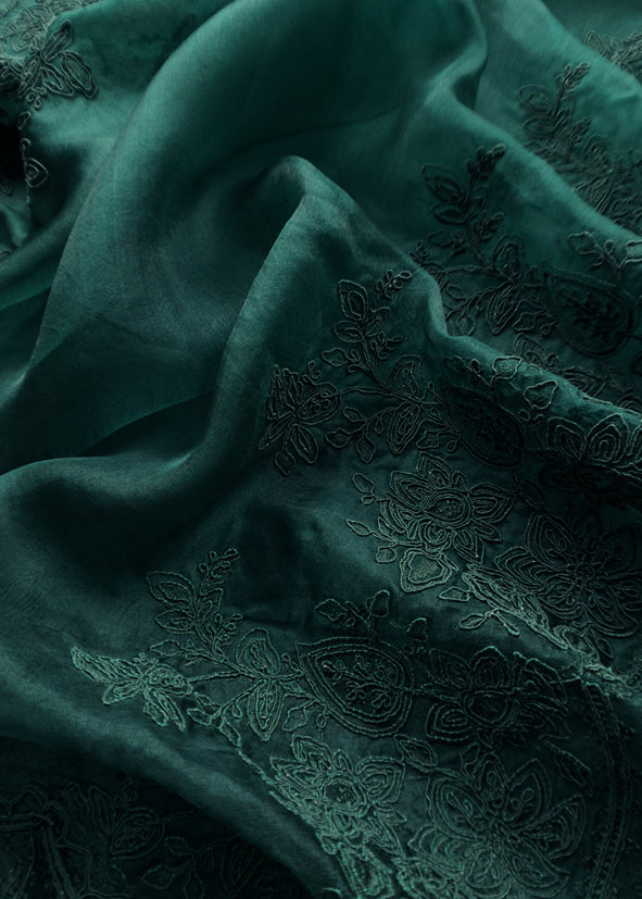 Luxe Green Pure Kora Silk Suit With French Thread Embroidery