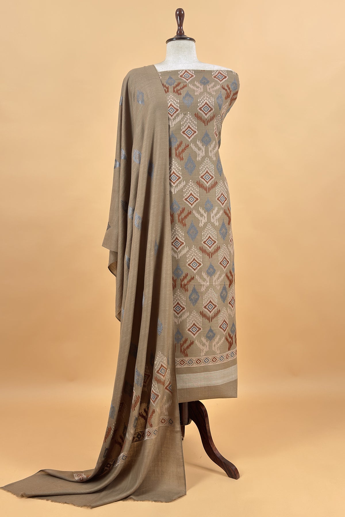 Beige Winters Pure Wool Unstitched Suit Fabric with Aari Embroidery