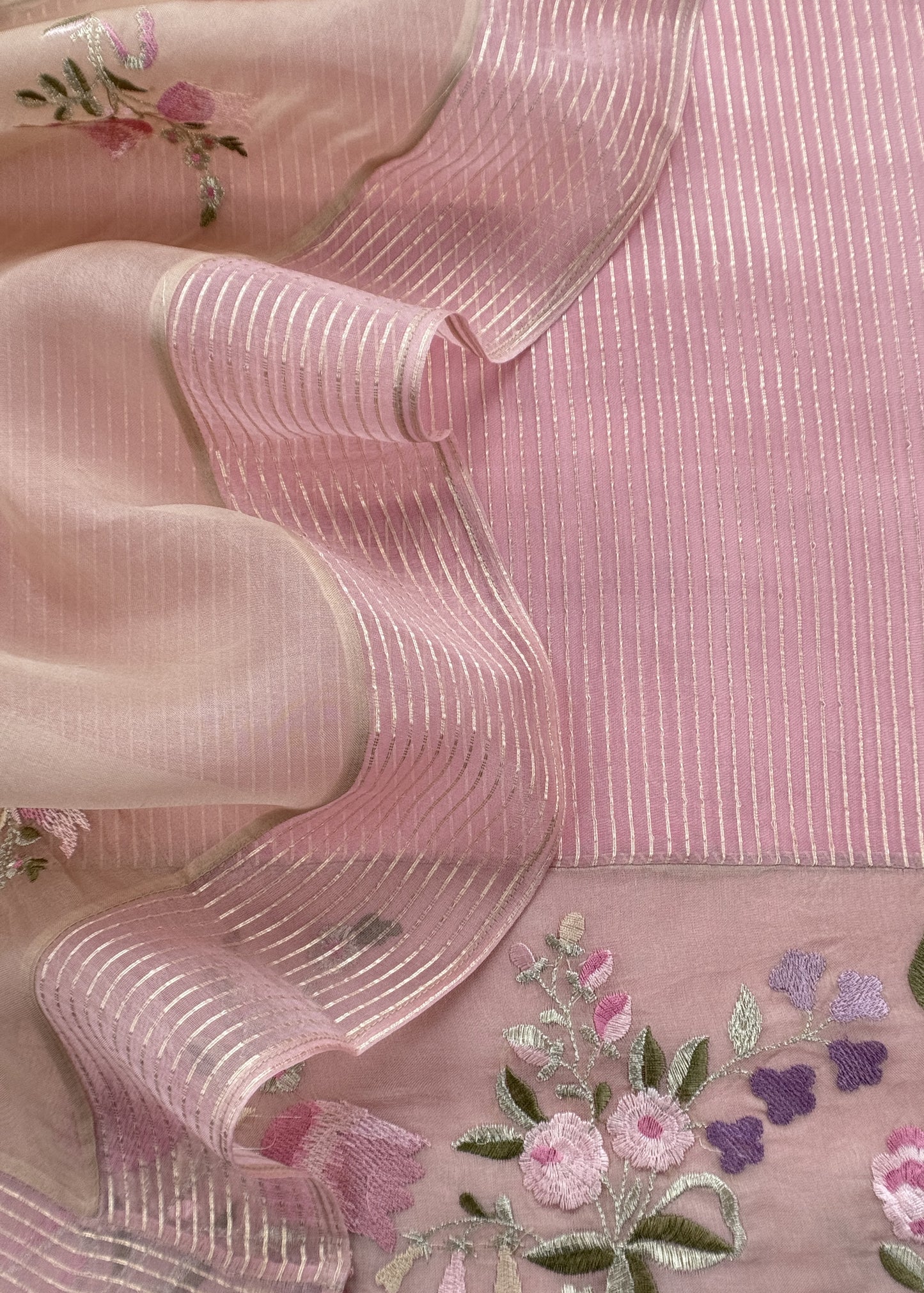 Baby Pink Handloom Kora Silk Suit Fabric With Embroidery
