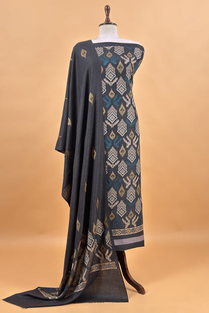Charcoal Grey Winters Pure Wool Unstitched Suit Fabric with Aari Embroidery