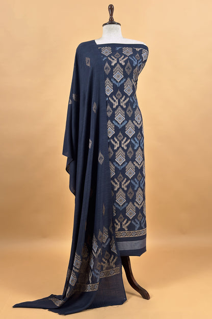 Navy Blue Winters Pure Wool Unstitched Suit Fabric with Aari Embroidery