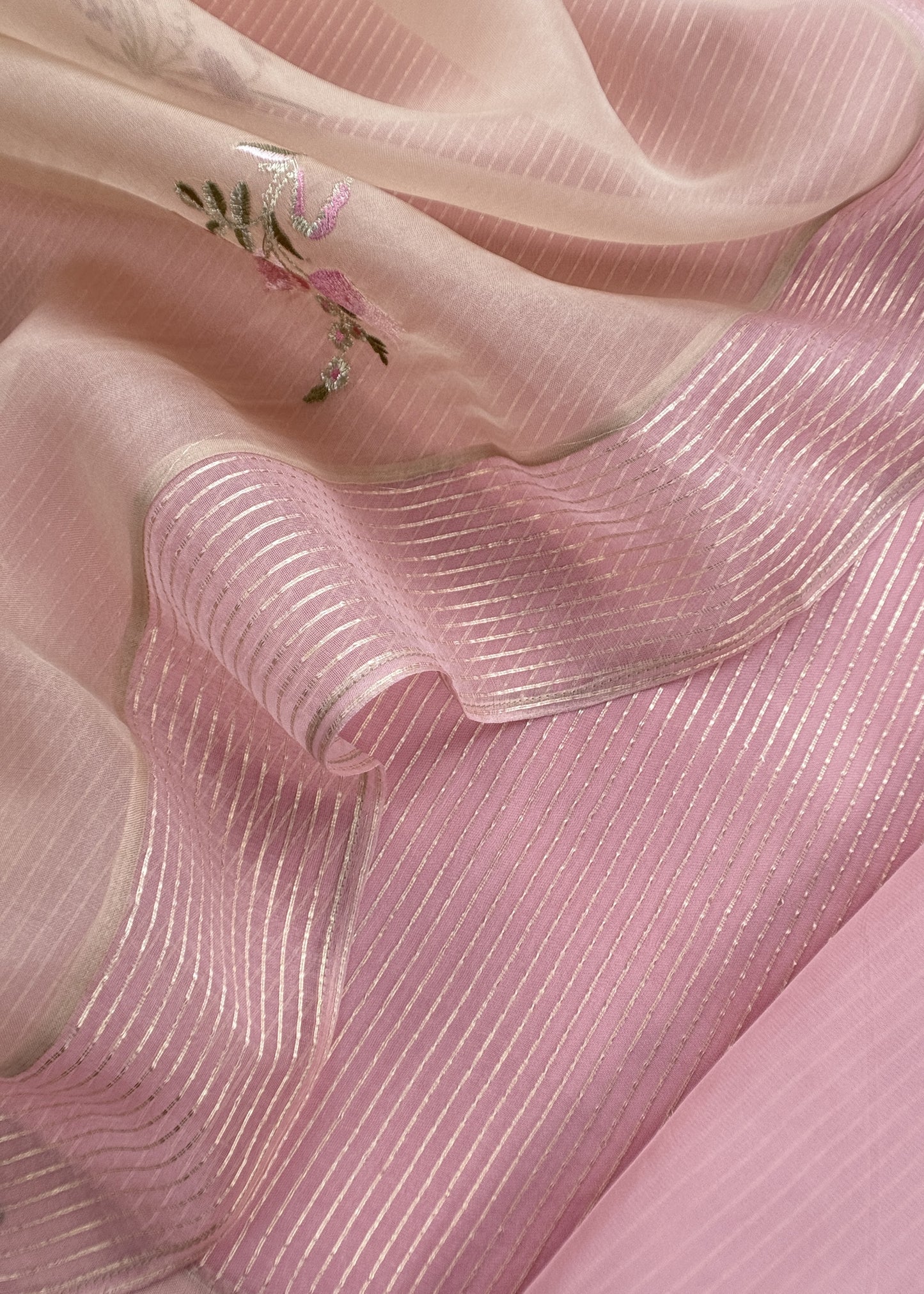 Baby Pink Handloom Kora Silk Suit Fabric With Embroidery