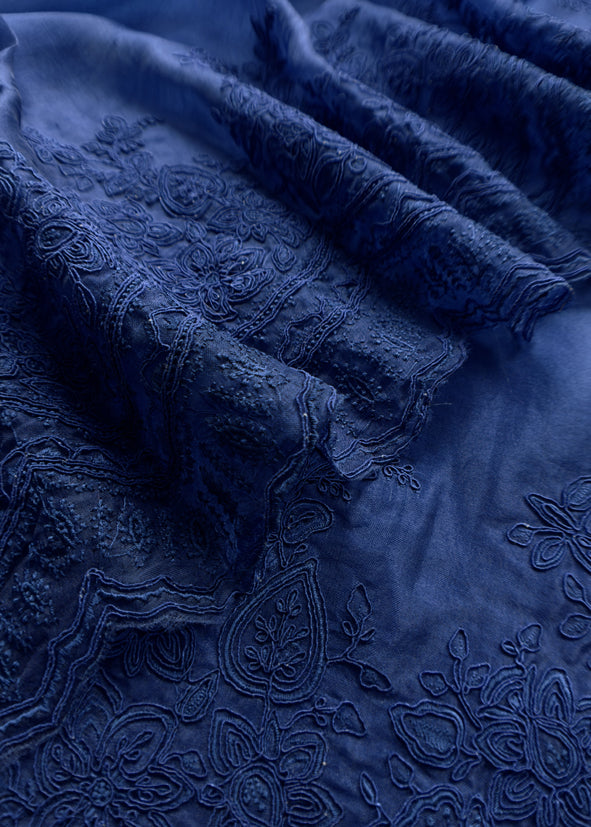 Luxe Blue Pure Kora Silk Suit With French Thread Embroidery