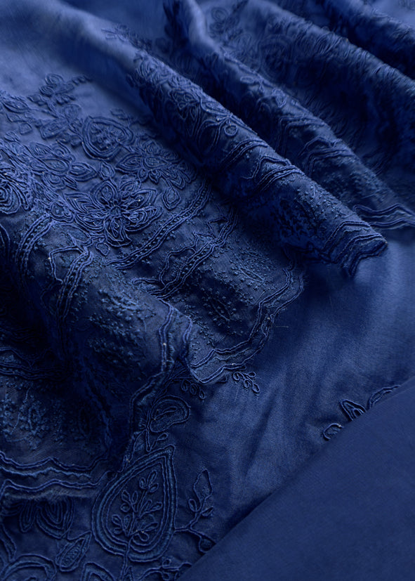 Luxe Blue Pure Kora Silk Suit With French Thread Embroidery