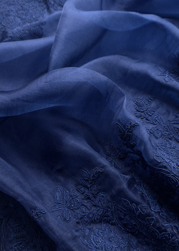 Luxe Blue Pure Kora Silk Suit With French Thread Embroidery