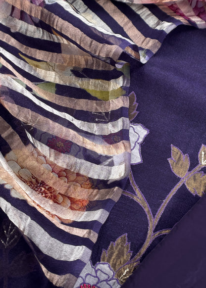 Navy Blue Kora Silk Suit Fabric With Appliqué Work And Hand Embroidery