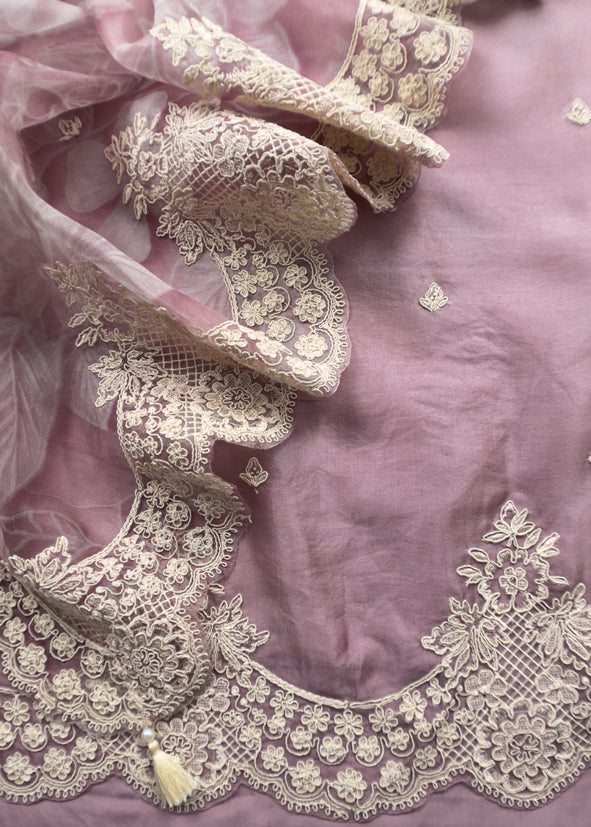 Luxe Dusky Blush Pink Pure Kora Silk Suit With Brushprint And French Thread Embroidery