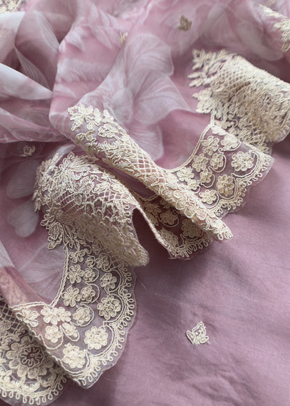 Luxe Dusky Blush Pink Pure Kora Silk Suit With Brushprint And French Thread Embroidery