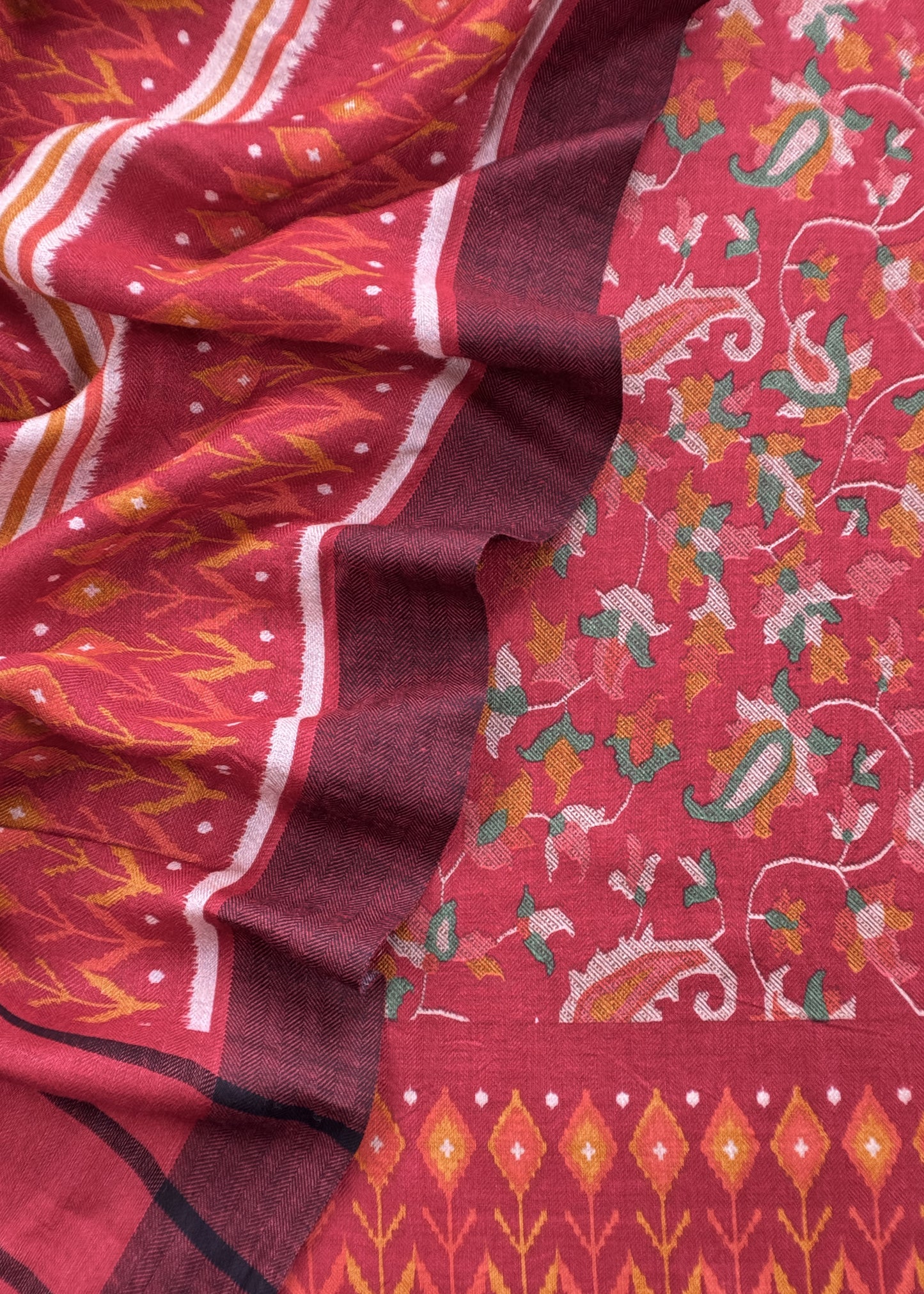 Red Pashmina Unstitched Dupatta-Suit With Kani Print