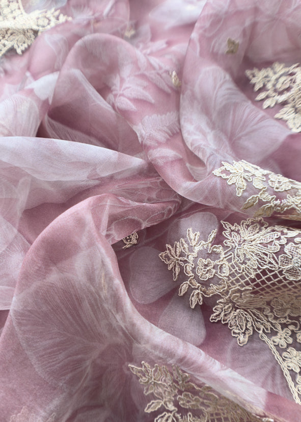 Luxe Dusky Blush Pink Pure Kora Silk Suit With Brushprint And French Thread Embroidery