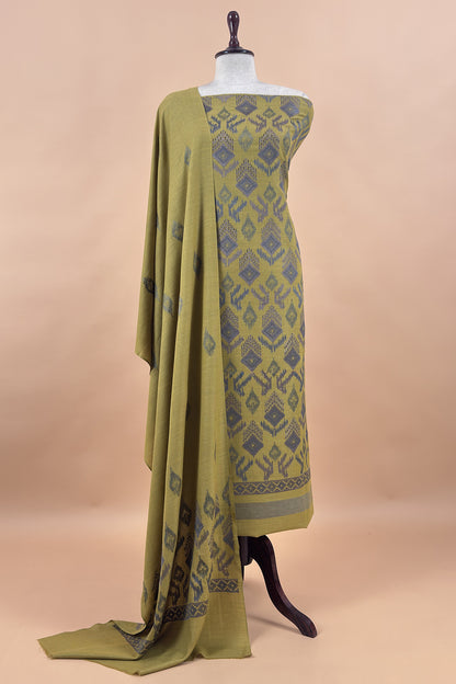 Mehndi Green Winters Pure Wool Unstitched Suit Fabric with Aari Embroidery