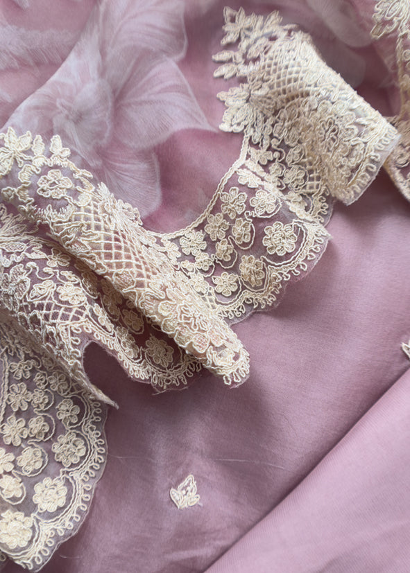 Luxe Dusky Blush Pink Pure Kora Silk Suit With Brushprint And French Thread Embroidery