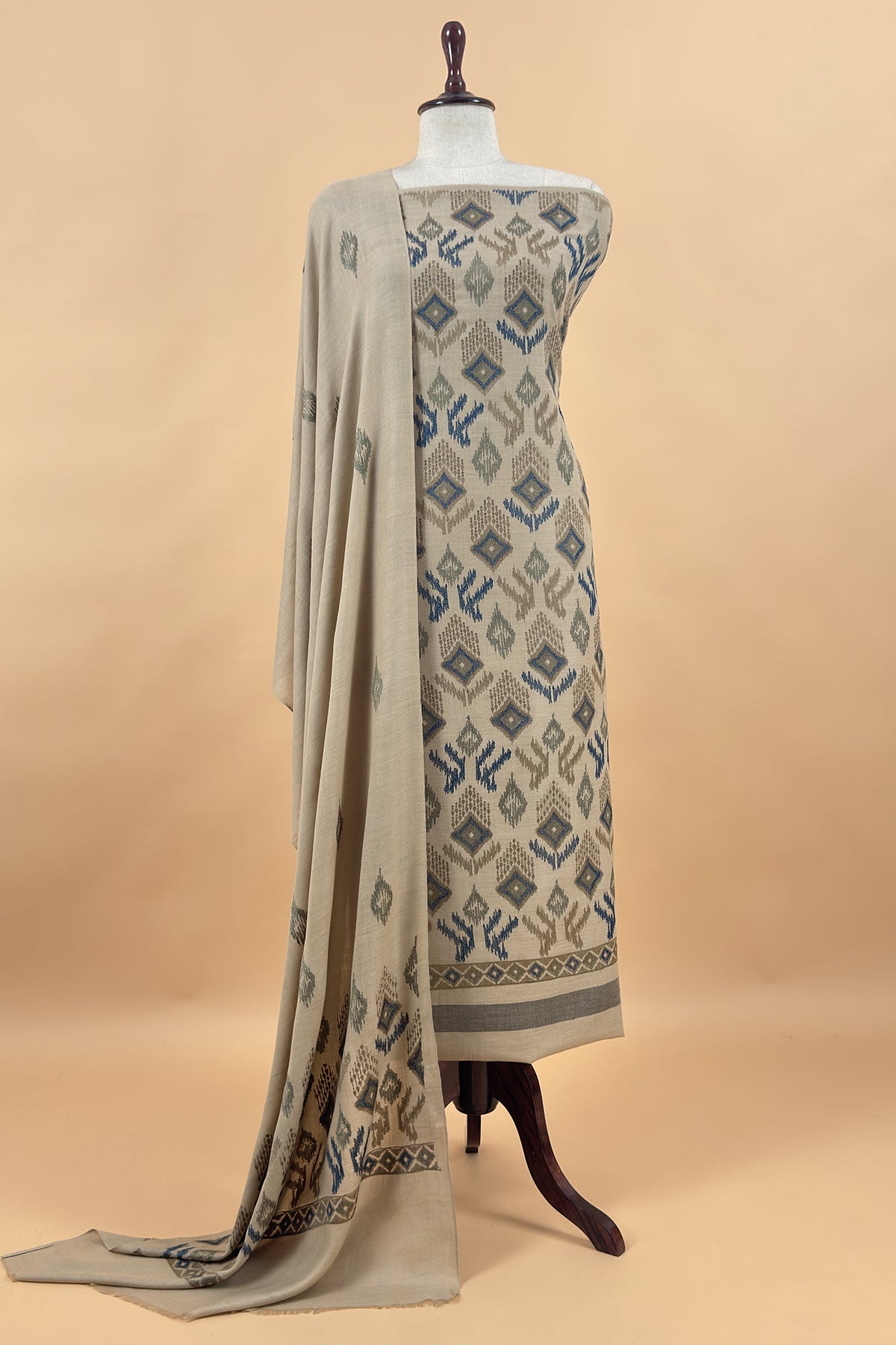 Light Beige Winters Pure Wool Unstitched Suit Fabric with Aari Embroidery