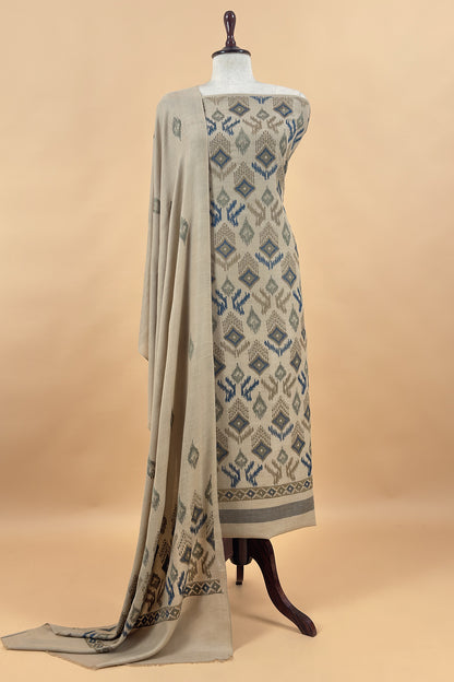 Light Beige Winters Pure Wool Unstitched Suit Fabric with Aari Embroidery