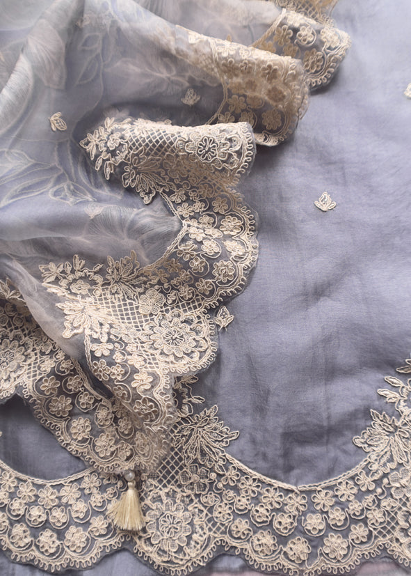 Luxe English Grey Blue Pure Kora Silk Suit With Brushprint And French Thread Embroidery