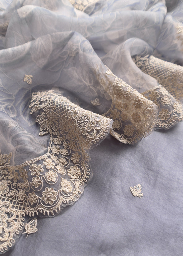 Luxe English Grey Blue Pure Kora Silk Suit With Brushprint And French Thread Embroidery