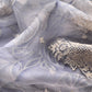 Luxe English Grey Blue Pure Kora Silk Suit With Brushprint And French Thread Embroidery