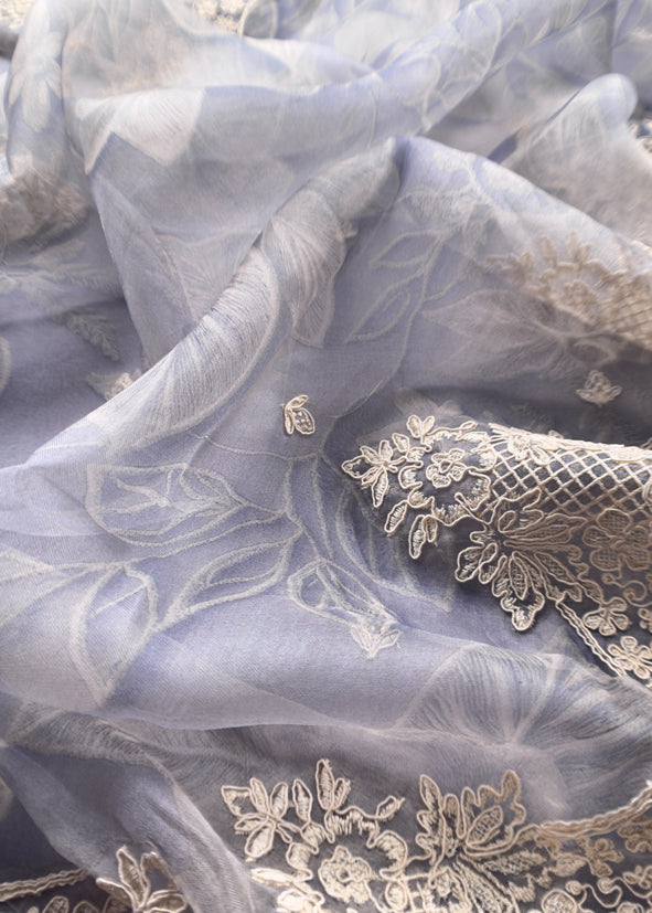 Luxe English Grey Blue Pure Kora Silk Suit With Brushprint And French Thread Embroidery