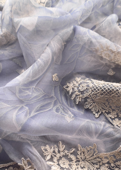 Luxe English Grey Blue Pure Kora Silk Suit With Brushprint And French Thread Embroidery
